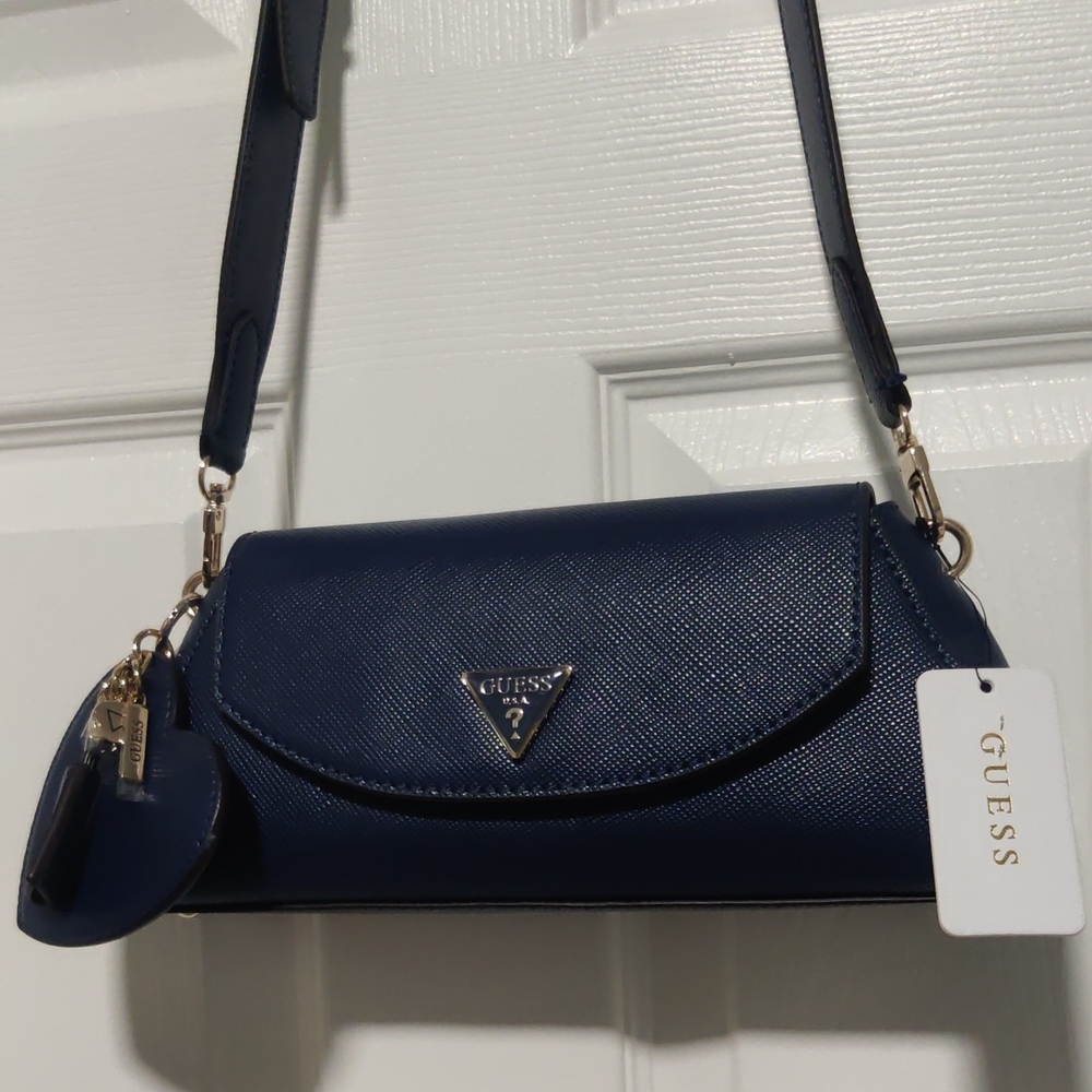 GUESS Navy Textured Crossbody with Gold Accents